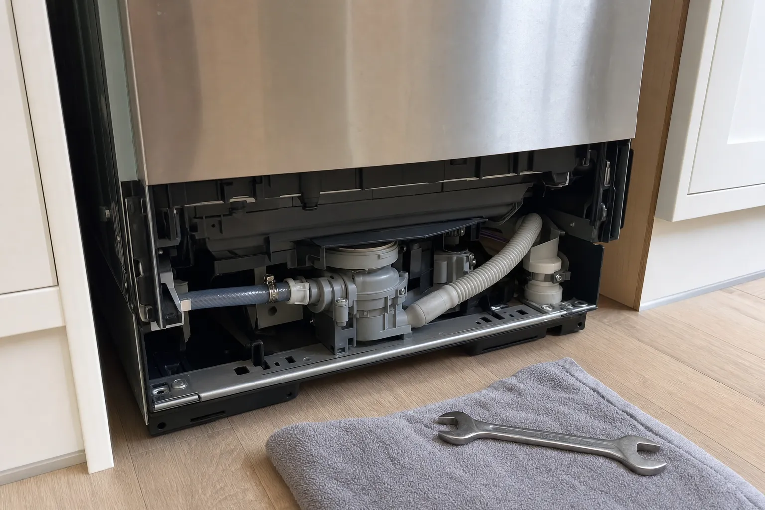 Stainless dishwasher with its lower access panel off, pump and hoses visible, wrench on a towel