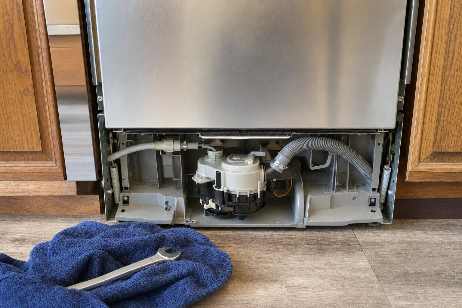 Built-in dishwasher with its kick panel removed, circulation pump, hoses and wiring exposed at floor level