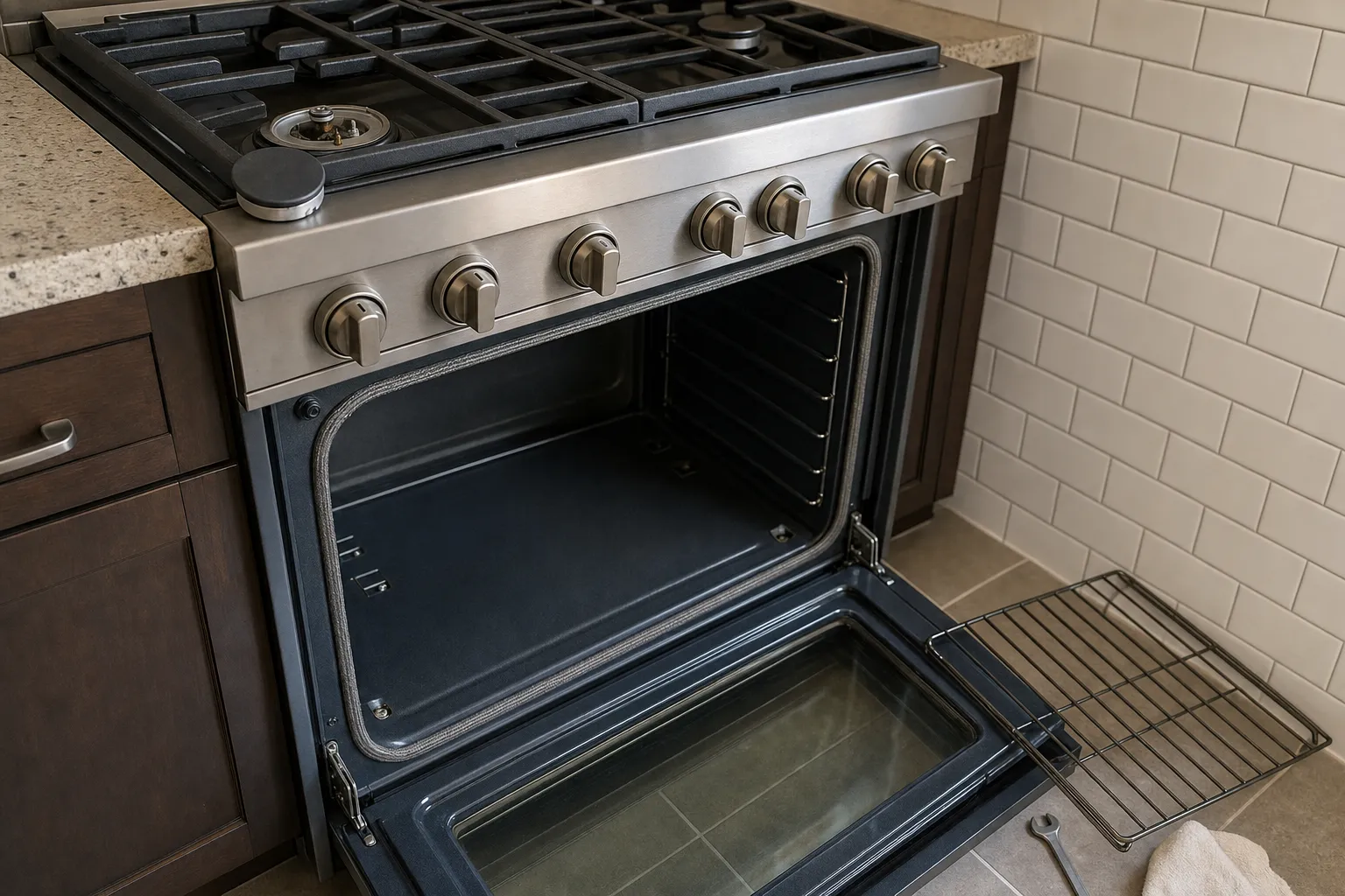 Stainless gas range with the oven door open, a rack set out on the floor and a burner lifted off its base