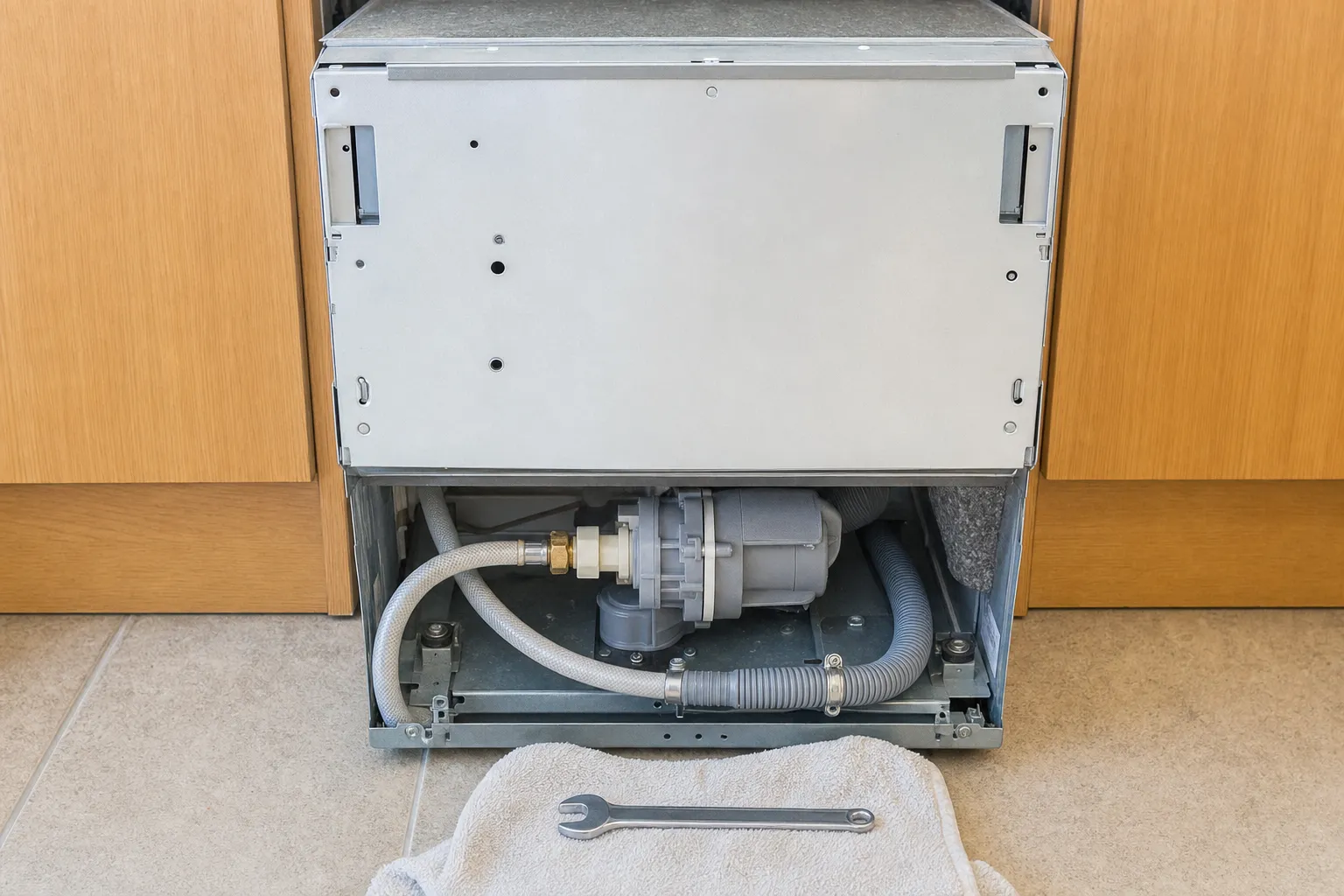 Dishwasher pulled clear of the cabinet run with its outer panel off, drain pump and hoses at the base