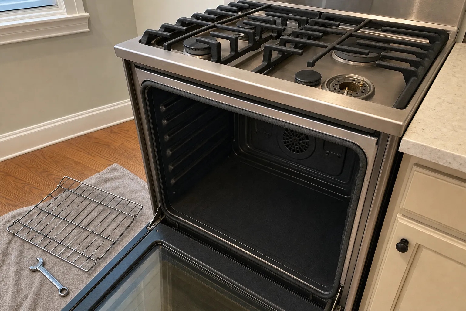 Gas range seen from above at an angle, oven door open on rack ladders and a round rear fan cover, rack and wrench on a grey mat